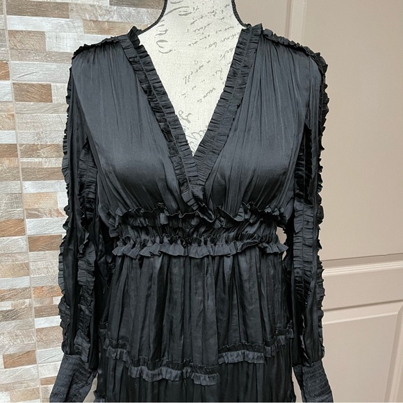 𝅺OPT ONE PRETTY TIME Tianna Mini Dress XL Black Pleated Ruffle Tiered Silky - Picture 7 of 16